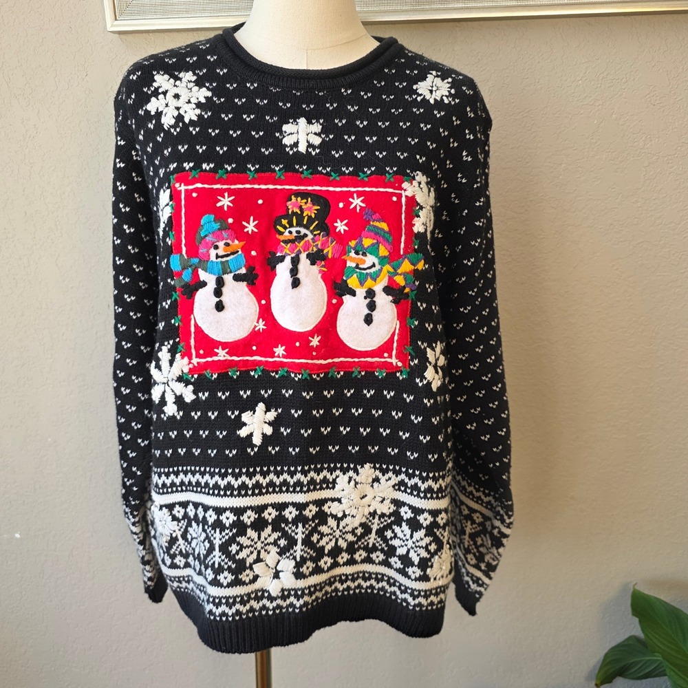 VTG‎ Christmas Sweater Embroidered Happy Snowman Snowflakes Ugly Holiday Medium